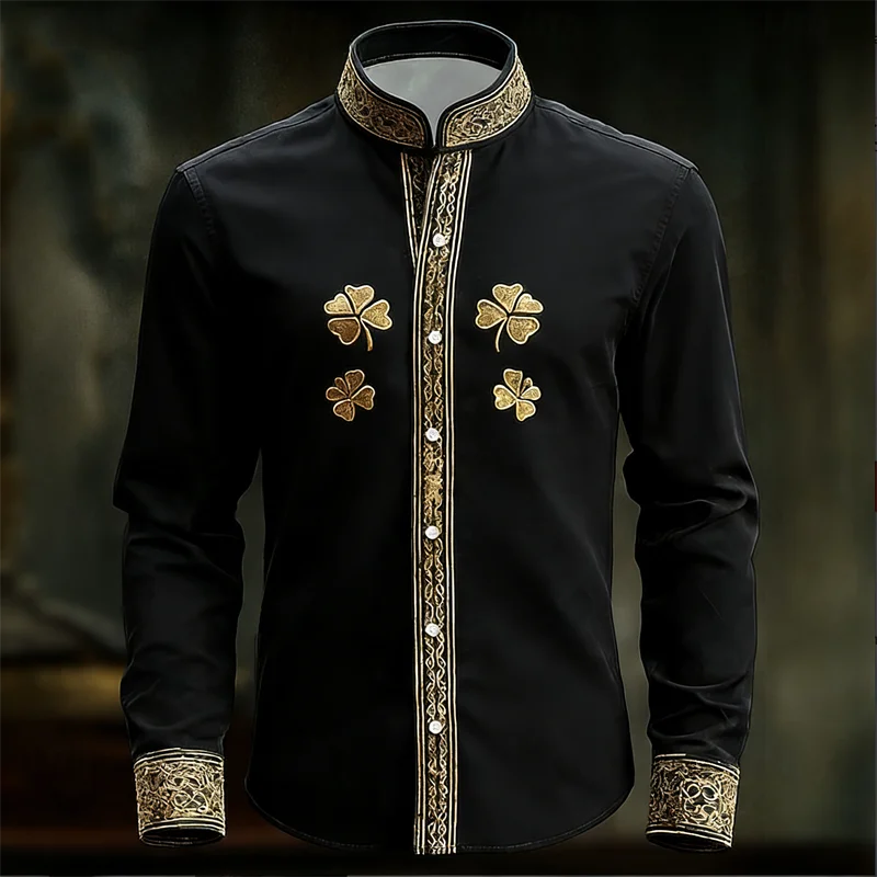 Nouvelle chemise homme à manches longues fleurie avec imprimé trèfle 3D doré, haut de chemise à manches longues tendance et luxueux