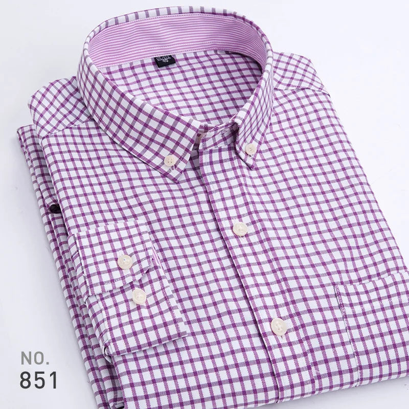 Chemise décontractée à manches longues en oxford à rayures et carreaux pour homme, confortable, respirante, à col boutonné, coupe ajustée, pour affaires