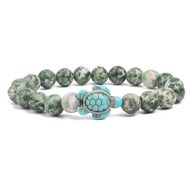 Bracelet perles tortues de mer 8 mm Turquoise Pierre Naturelle Élastique Extensible Femmes Hommes Amitié Bijoux d'Été Plage Cadeaux