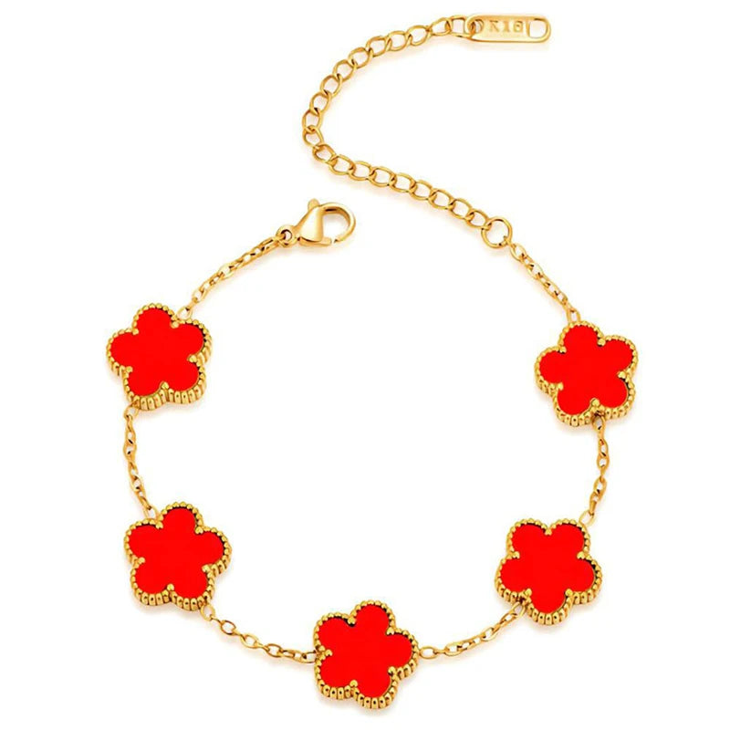Collier en Acier Inoxydable Plaqué Or 14 Carats pour Femme, Pendentif Double Face Cinq Pétales de Fleur, Bijou Trèfle