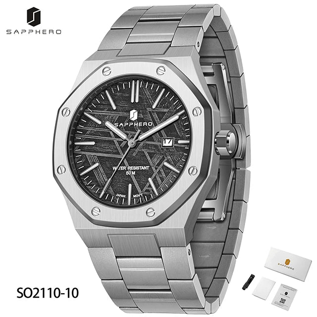 Montre SAPPHERO pour hommes, bracelet en acier inoxydable, design résistant à l'eau, calendrier automatique, cadeaux de fête, horloge de boîte-cadeau exquise