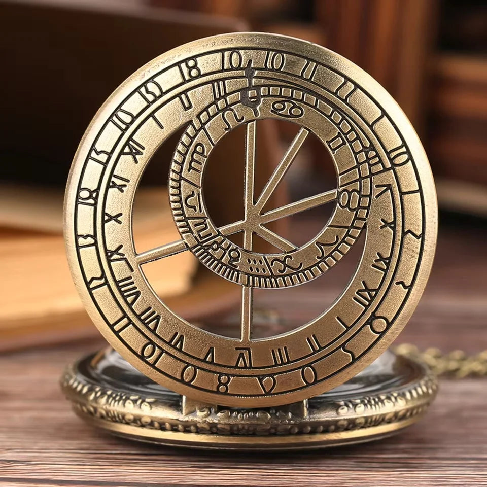 Montre de poche unisexe à quartz rétro en bronze avec motif boussole Zodiaque, montre de cou avec pendentif antique, cadeaux