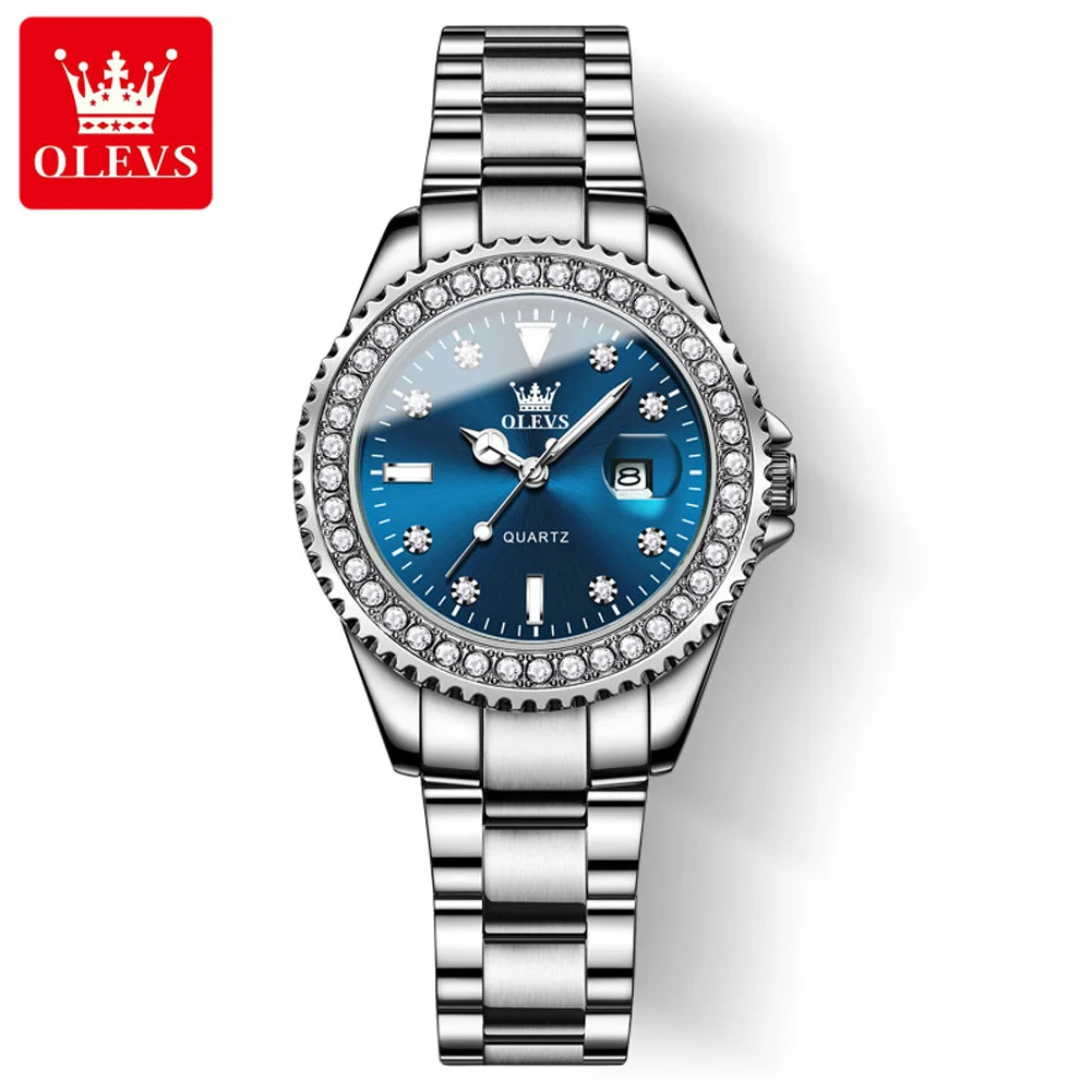 OLEVS 9945 Montre à quartz originale de marque supérieure pour femmes Montre-bracelet de luxe à calendrier à diamants en acier inoxydable pour femmes