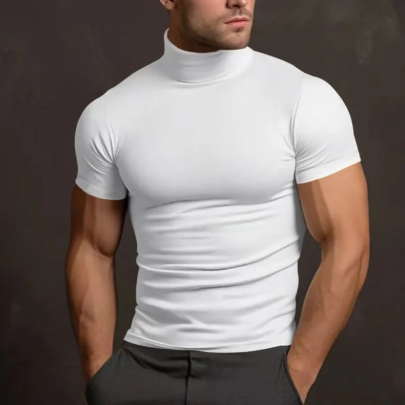 T-shirt à col roulé serré pour homme, couleur unie, mode, manches courtes, été 2024, Amazon transfrontalier