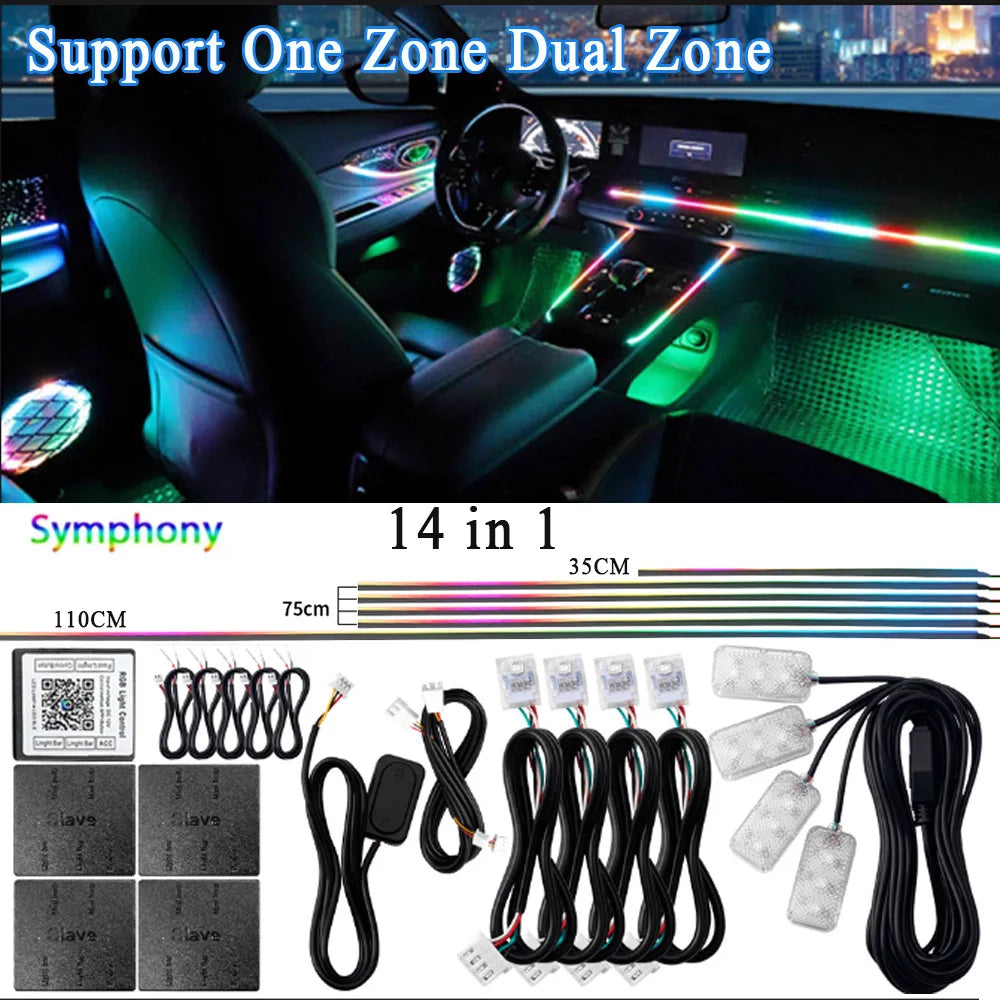 Kit de lampe d'ambiance de voiture LED acrylique 14/18 en 1 RGB 64 213 couleurs Symphonie Acrylique APP Ambiance Lumineuse Zone Unique Double Zone