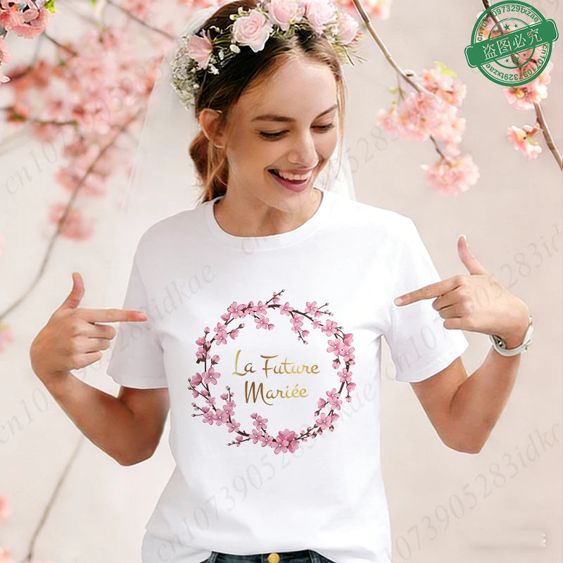 T-shirts assortis pour la future mariée et sa Team, T-shirts à manches courtes col rond imprimés fleurs de cerisier, pour enterrement de vie de jeune fille & EVJF