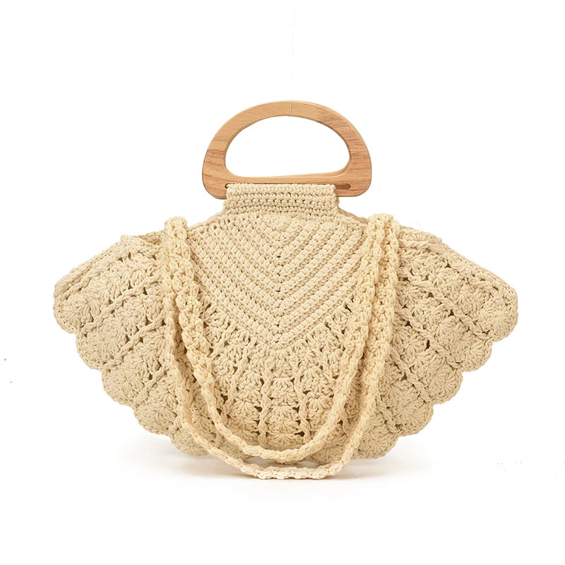 Sac à bandoulière en crochet tissé pour femme, style rétro, en forme d'éventail, collection 2026, sac de plage style Ins, polyvalent, avec poignée en bois