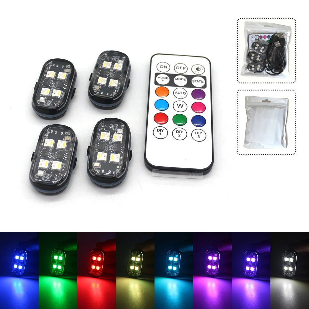2/4 lampes stroboscopiques LED sans fil, lumière d'ambiance de voiture, 8 couleurs, lumières LED rechargeables, lumière d'avertissement LED anti-collision
