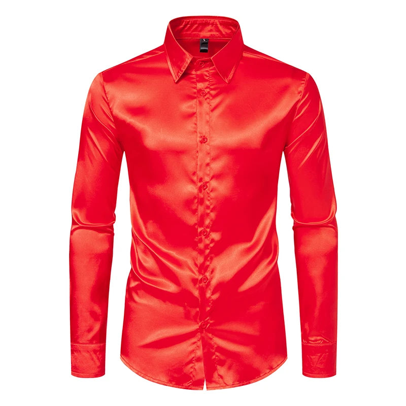 Chemises habillées de luxe en satin noir pour hommes, chemise de smoking lisse en soie, chemise unie pour mariage, bal, décontractée, bureau d'affaires