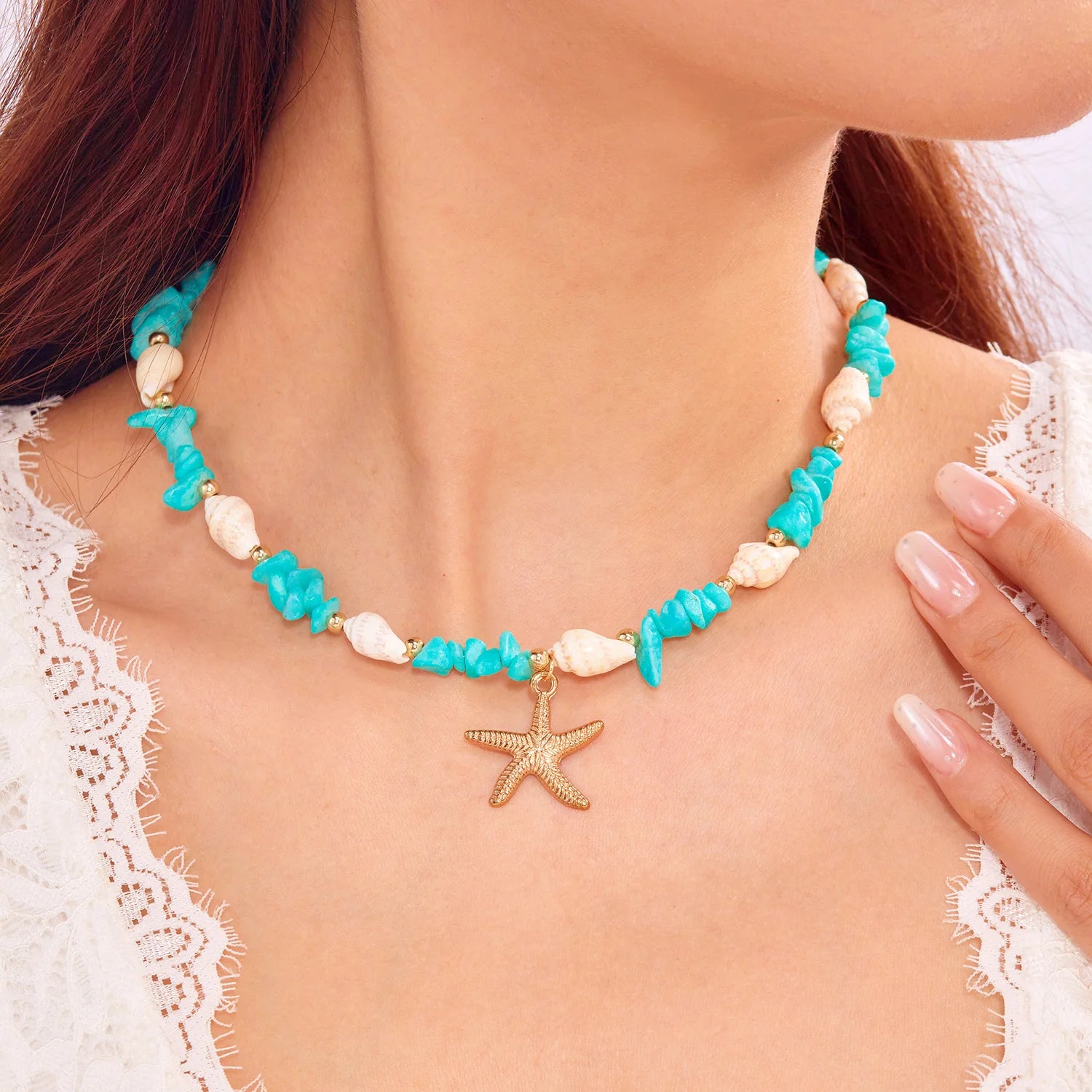 Bracelet Pendentif Étoile de Mer Bohème pour Femme, Bracelet Perlé en Pierres Concassées Fait à la Main, Bijou de Plage d'Été, Accessoire de Voyage, Cadeau