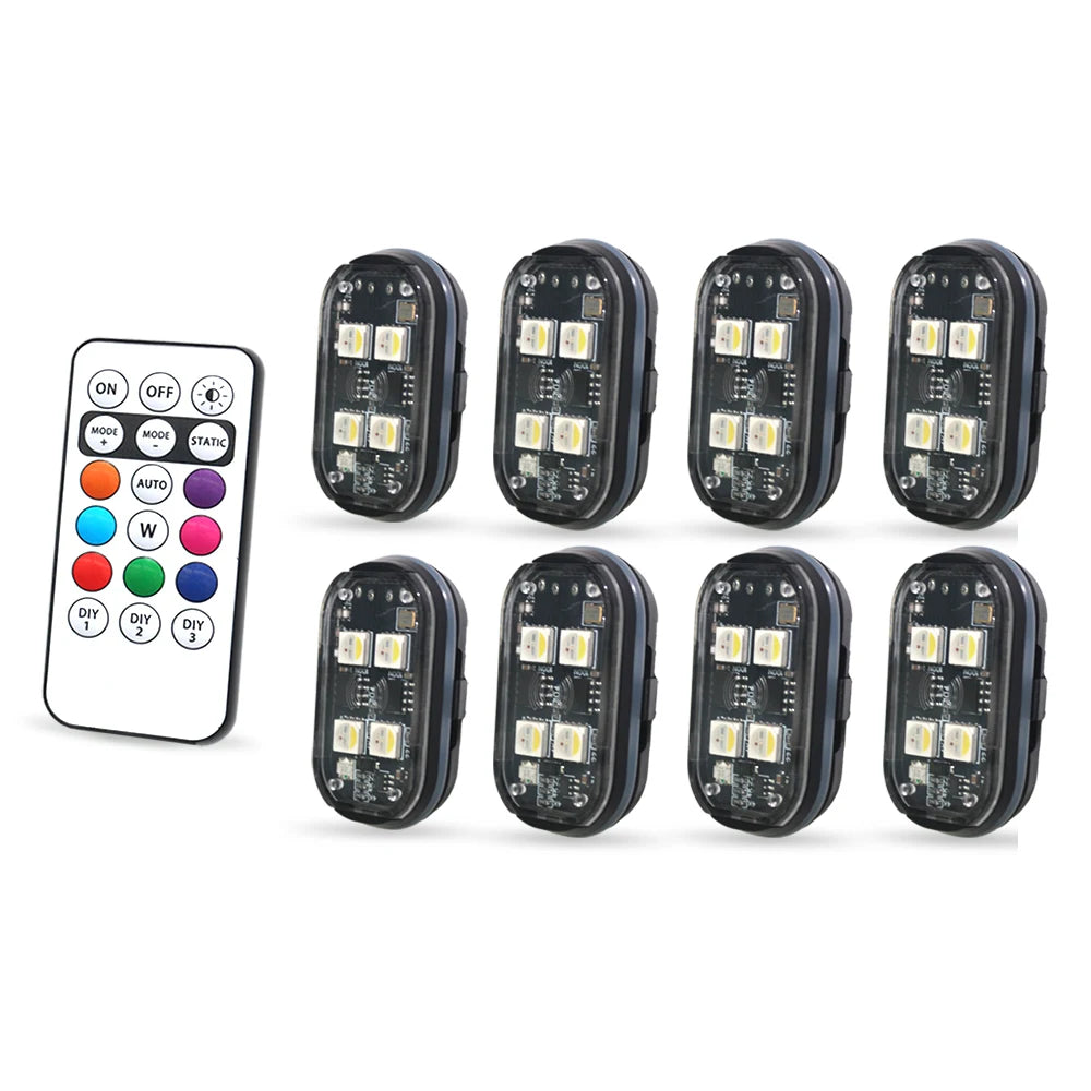 2/4 lampes stroboscopiques LED sans fil, lumière d'ambiance de voiture, 8 couleurs, lumières LED rechargeables, lumière d'avertissement LED anti-collision