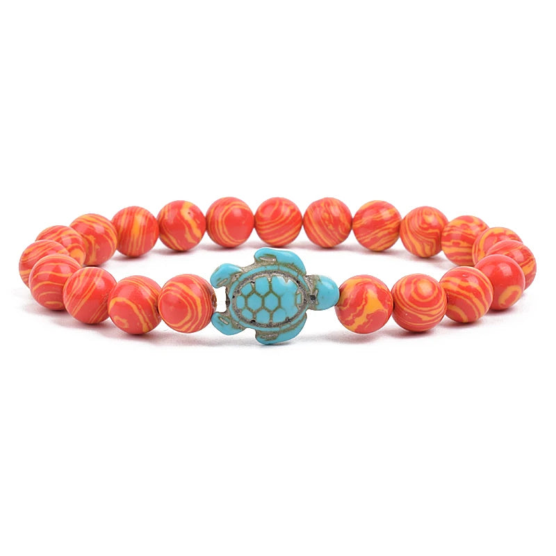 Bracelet perles tortues de mer 8 mm Turquoise Pierre Naturelle Élastique Extensible Femmes Hommes Amitié Bijoux d'Été Plage Cadeaux