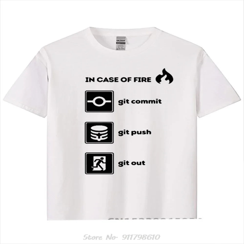T-shirt drôle de programmeur de qualité supérieure d'été - en cas d'incendie, t-shirts graphiques surdimensionnés "Git Commit Push Out"