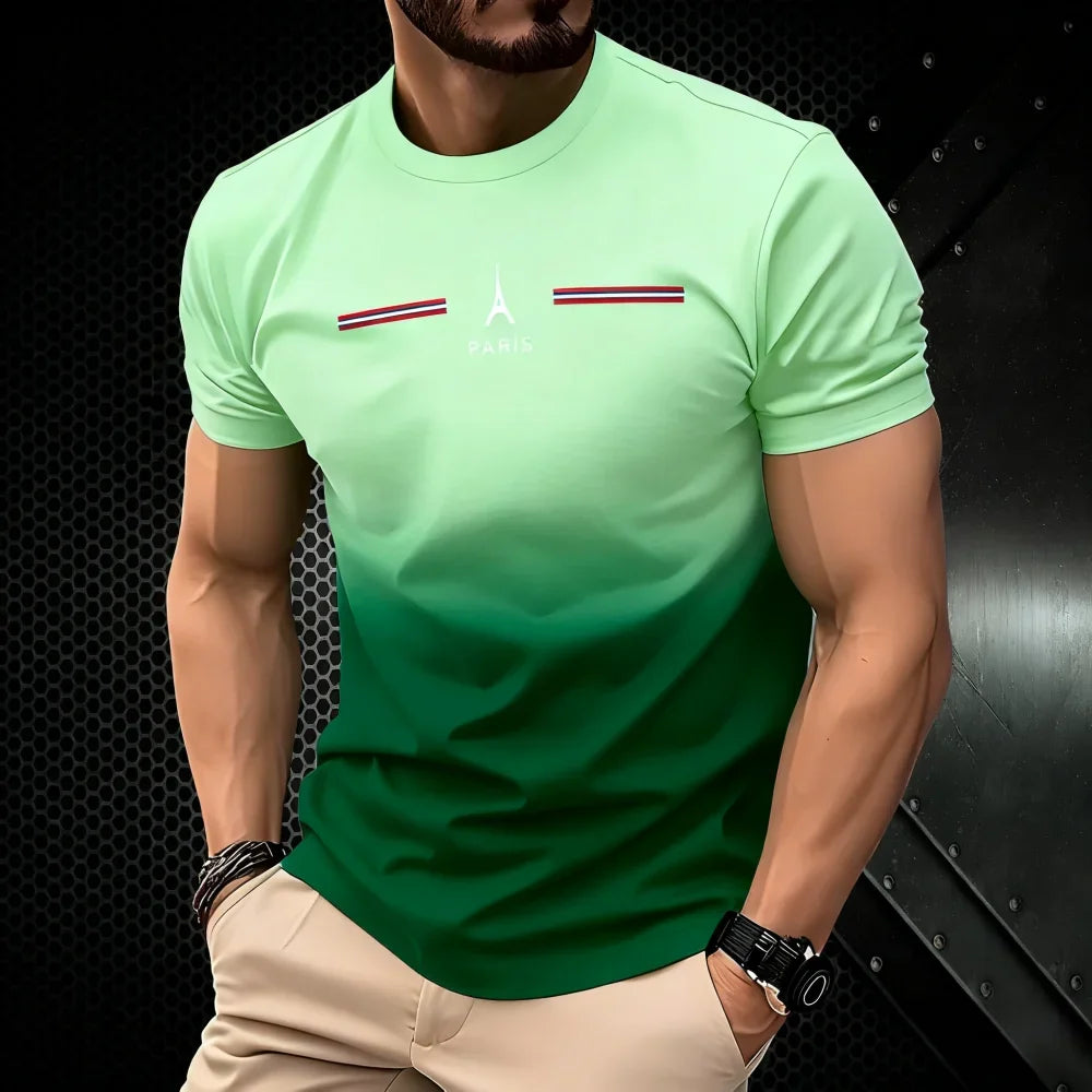 T-shirt homme d'été dégradé 3D simple avec impression Paris, vêtement décontracté, coupe oversize, col rond, manches courtes, pour le sport