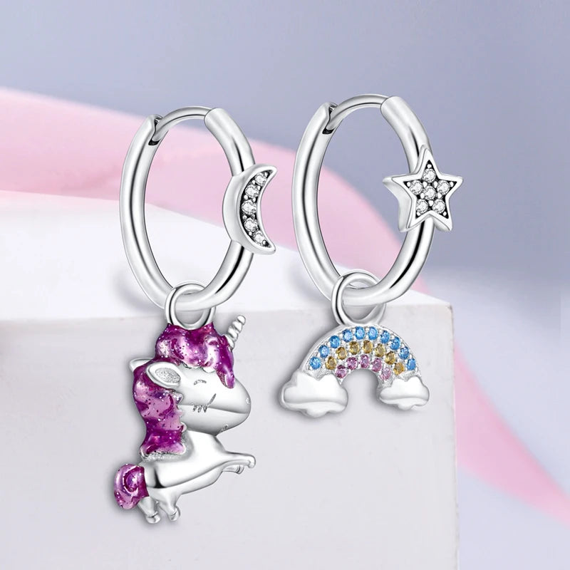 Boucles d'oreilles pendantes licorne arc-en-ciel en argent sterling 925 pour femmes, cadeaux de bijoux d'anniversaire de mariage