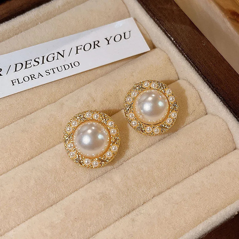 Boucles d'oreilles clous de luxe rétro couleur or géométrie bordure perles d'imitation pour femmes mariée mariage bijoux de créateur cadeaux