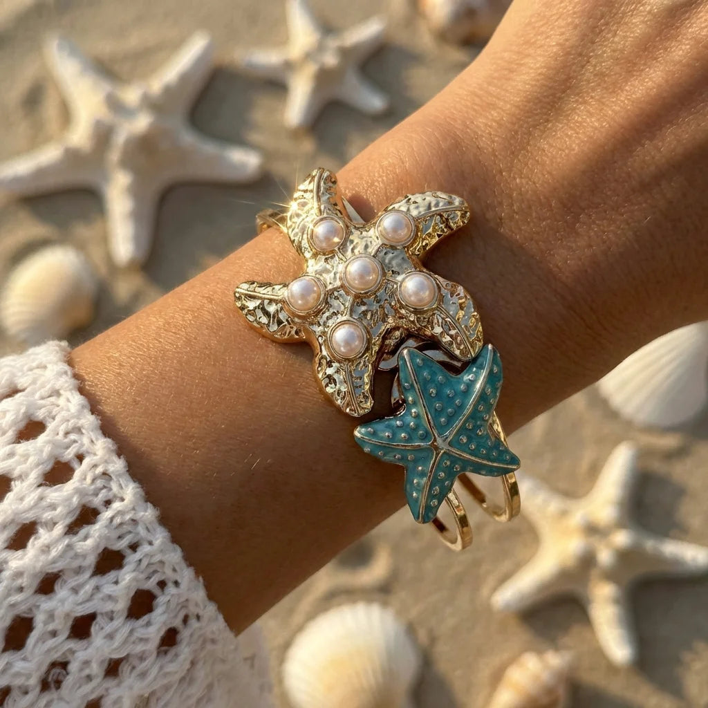 Bracelet manchette ouverte élégant avec fleur en émail pour femme, plaqué or, métal rose, blanc, bleu, motifs floraux, bijoux pour plage, fête, vacances