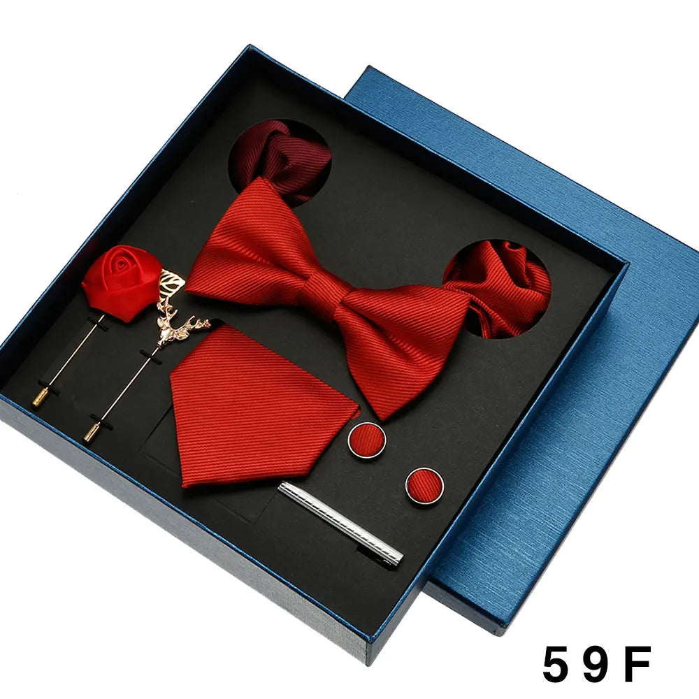 Cravate en soie pour hommes, nœud papillon, pochette, broches, boutons de manchette et pince à cravate pour hommes, accessoires de mariage rouge bordeaux, coffret cadeau