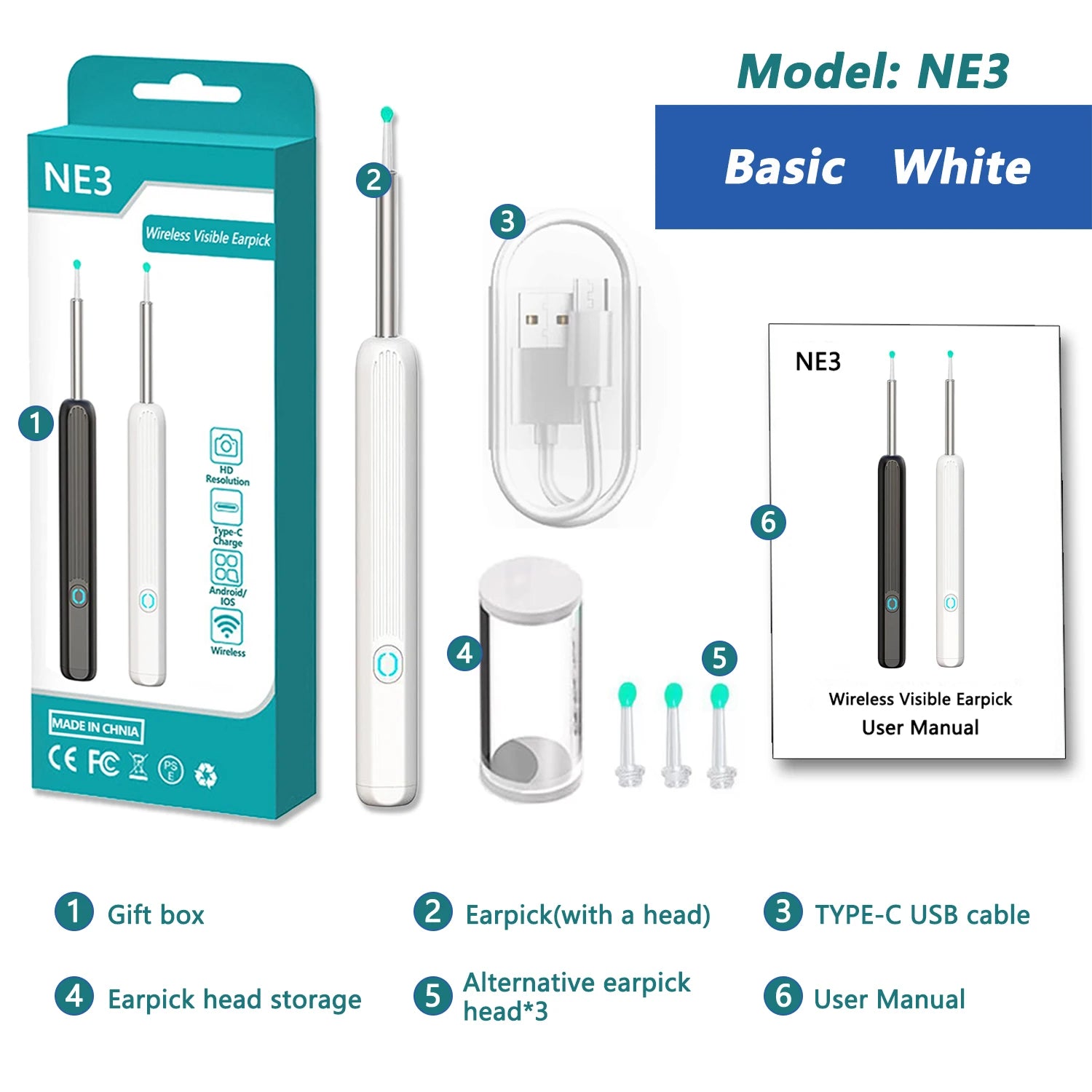 Nettoyeur d'oreilles visuel intelligent HD Bâtonnets auriculaires Otoscope USB C Endoscope de charge Outil de retrait de cérumen Pince à épiler Mini caméra Ensemble de soins de santé