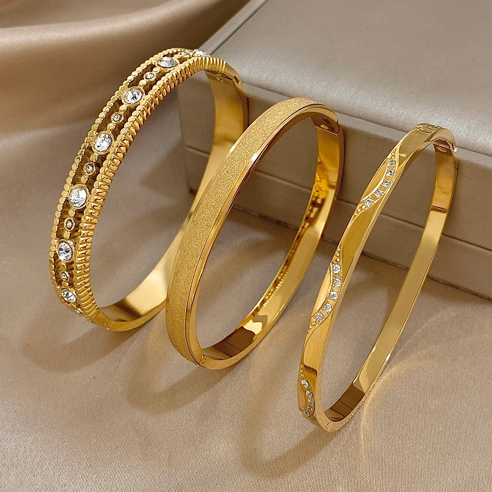 Exquis Bracelet Jonc Incrusté de Zircon Nouvelle Manchette Plaqué Or Femme Homme Géométrique Empilable Étanche Breloques Bijoux Cadeaux