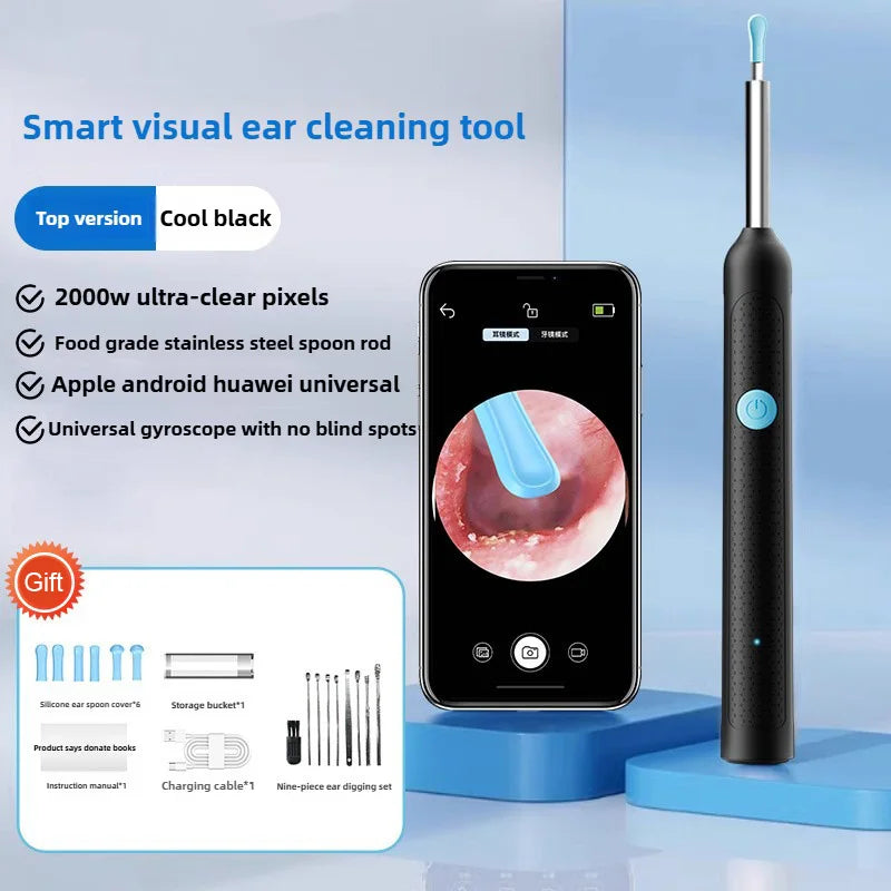 Élimination sans fil du cérumen avec caméra Nettoyeur d'oreille rechargeable Caméra HD avec kit de curettes Nettoyage du conduit auditif