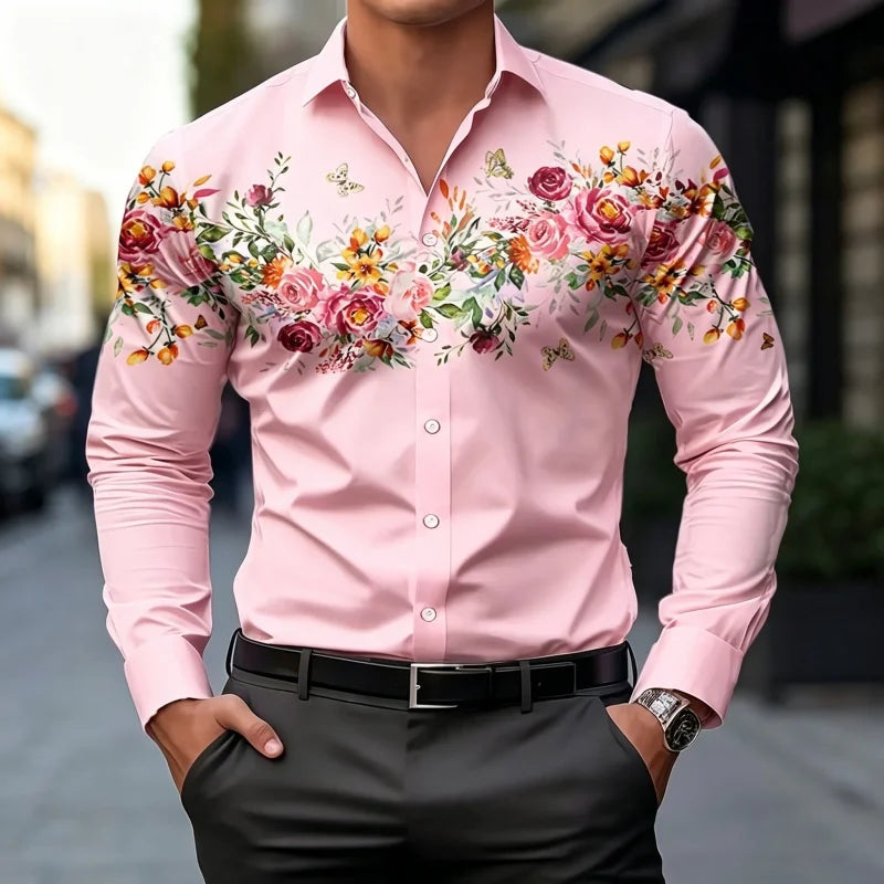 Chemises à motif floral papillon de jardin romantique européen pour hommes, coupe ajustée, manches longues, hauts de bureau formels