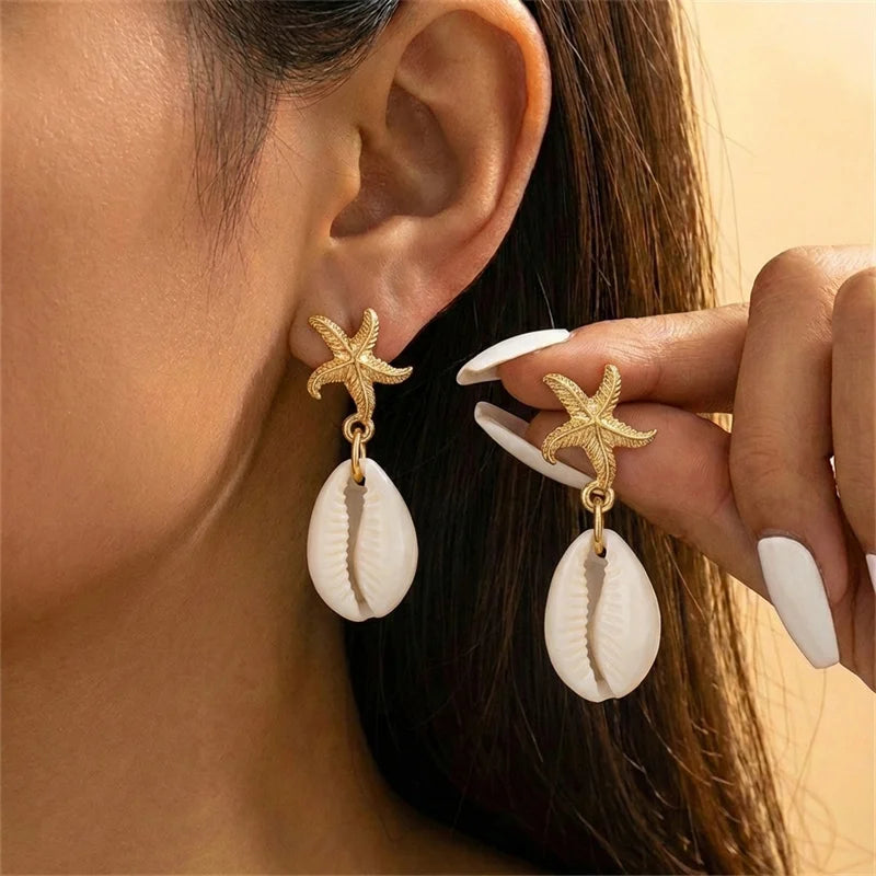 Boucles d'oreilles pendantes étoile de mer coquillage style Bohème Océan pour femmes, Conque de bord de mer, boucles d'oreilles perle, Bijoux de charme pour fête à la plage
