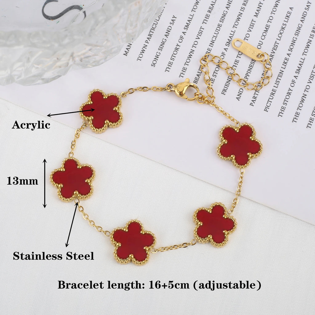 Bracelet Femme Acier Inoxydable Simple Coque Cinq Feuilles Fleur Trèfle Blanc Noir Rouge Vert pour Fête Anniversaire Bijoux Cadeau
