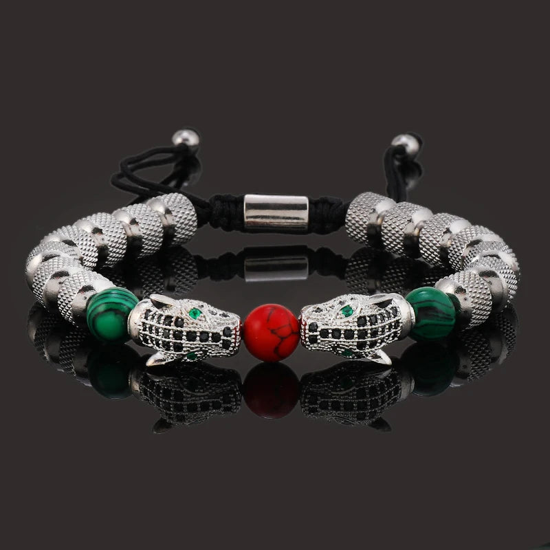 Bracelet Homme Perles en Acier Inoxydable Luxe Têtes de Léopard Royales Breloques Bijoux Cadeau Garçon