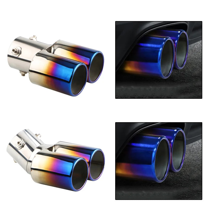 1PC 2,5" Entrée Décoration Chrome Tuyau d'échappement Style de voiture Garniture d'échappement de voiture Silencieux Tuyau d'échappement en acier inoxydable Double sortie courbée
