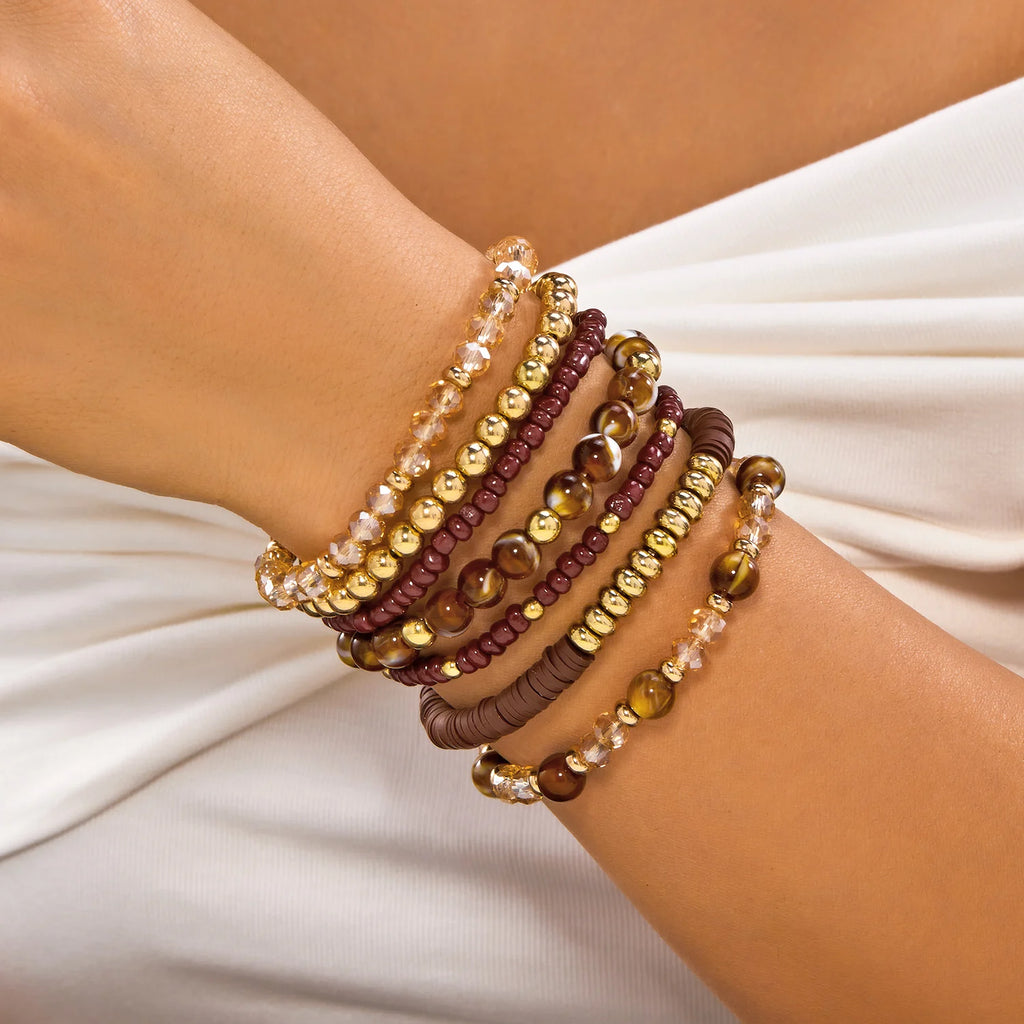 Lot de 10 Bracelets Bohèmes Chic en Bois et Perles Mixées pour Femmes, Bracelets Exquis en Gravier de Cristal, Cadeaux de Bijoux d'Amitié