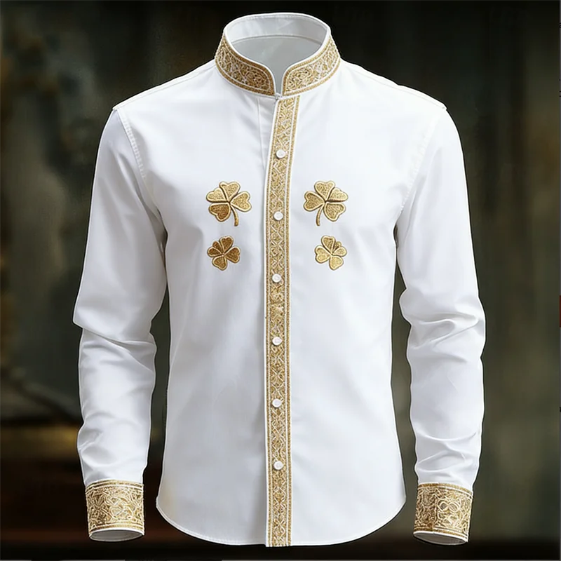 Nouvelle chemise homme à manches longues fleurie avec imprimé trèfle 3D doré, haut de chemise à manches longues tendance et luxueux