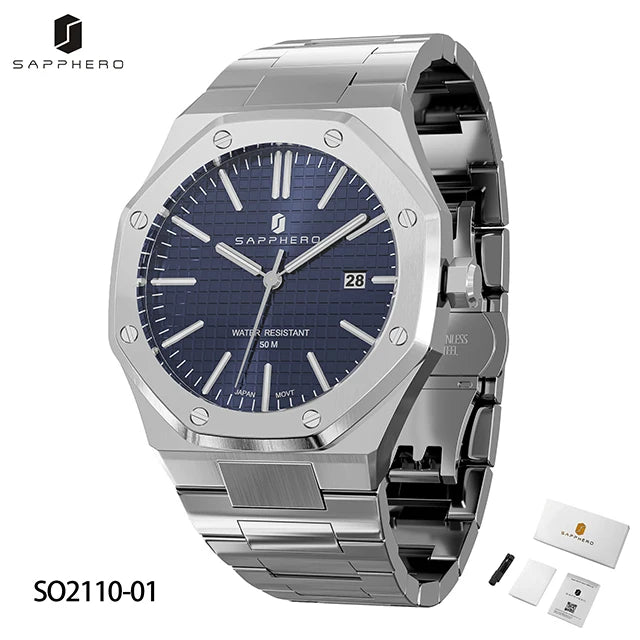 Montre SAPPHERO pour hommes, bracelet en acier inoxydable, design résistant à l'eau, calendrier automatique, cadeaux de fête, horloge de boîte-cadeau exquise