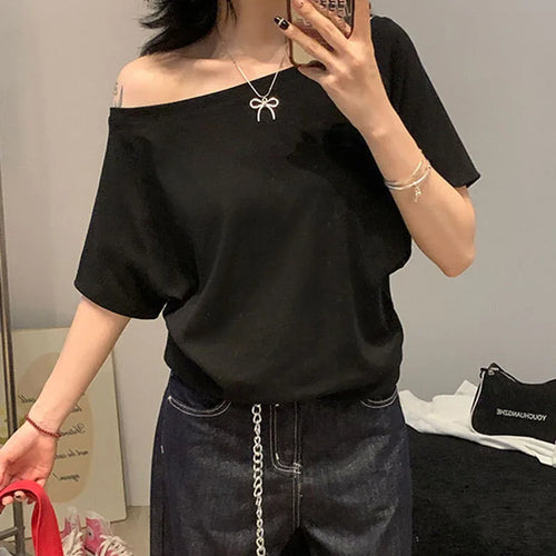 1 t-shirt d'été basique de couleur unie pour femme - T-shirt à col oblique et manches courtes pour femme, style urbain, coupe sexy et ajustée