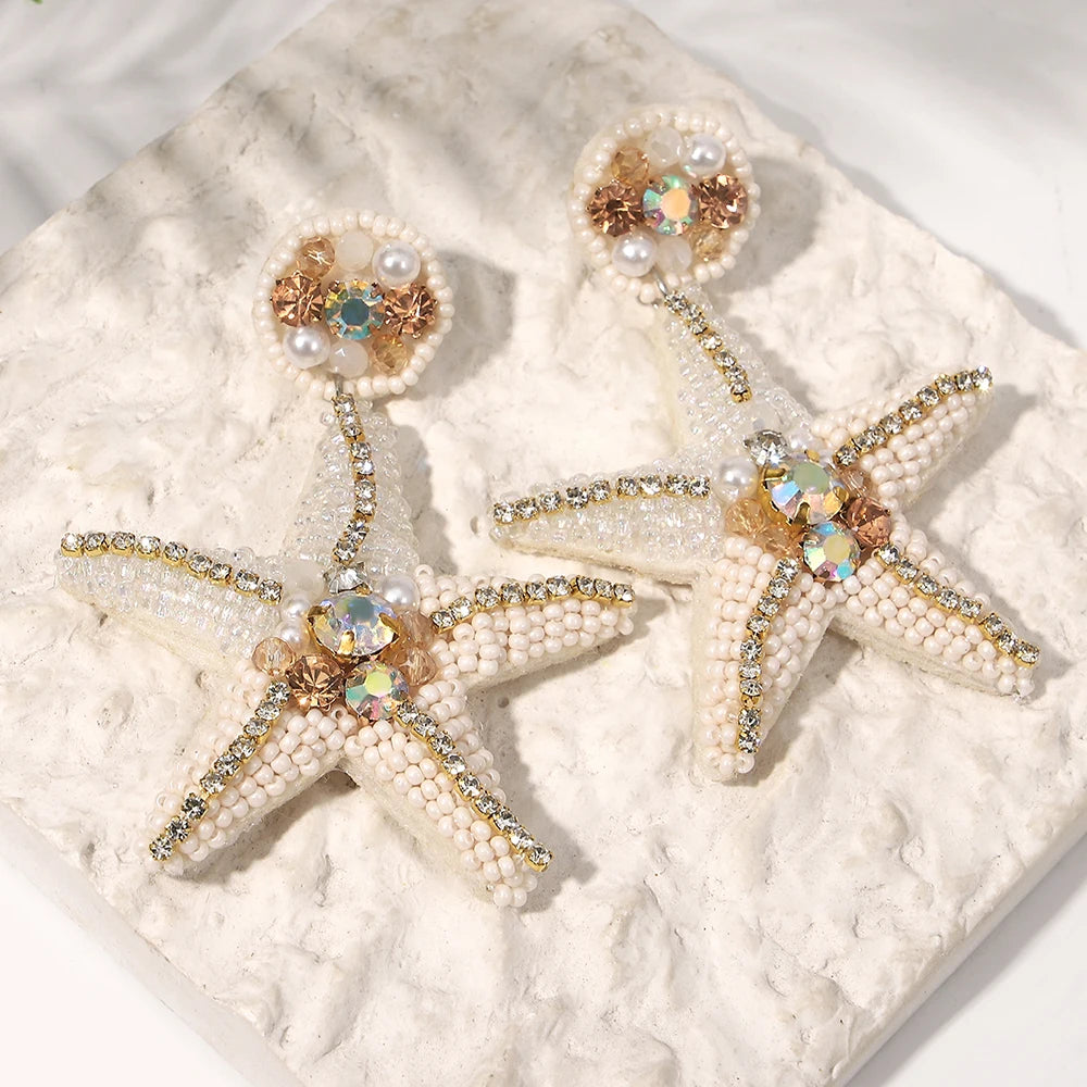 AENSOA Boucles d'oreilles pendantes bohèmes en forme d'étoile de mer, de homard et de conque avec perles pour femme, fabriquées à la main, bijoux d'été sur le thème des animaux marins
