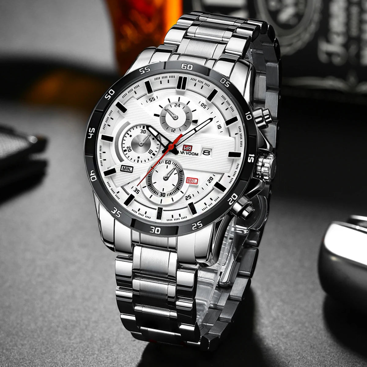 Montre Homme Sport Mode Série Racing 46mm Cuir Noir Horloge VA VA VOOM Mouvement Quartz Étanche 3 Bars Montre-bracelet pour Hommes
