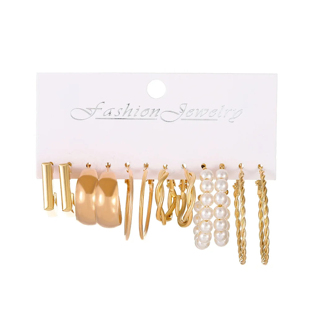 LATS Grand ensemble de boucles d'oreilles créoles bohèmes pour femmes, couleur or, style bohème, vintage, perle, boucles d'oreilles carrées, clous d'oreilles cœur en zircon, bijoux