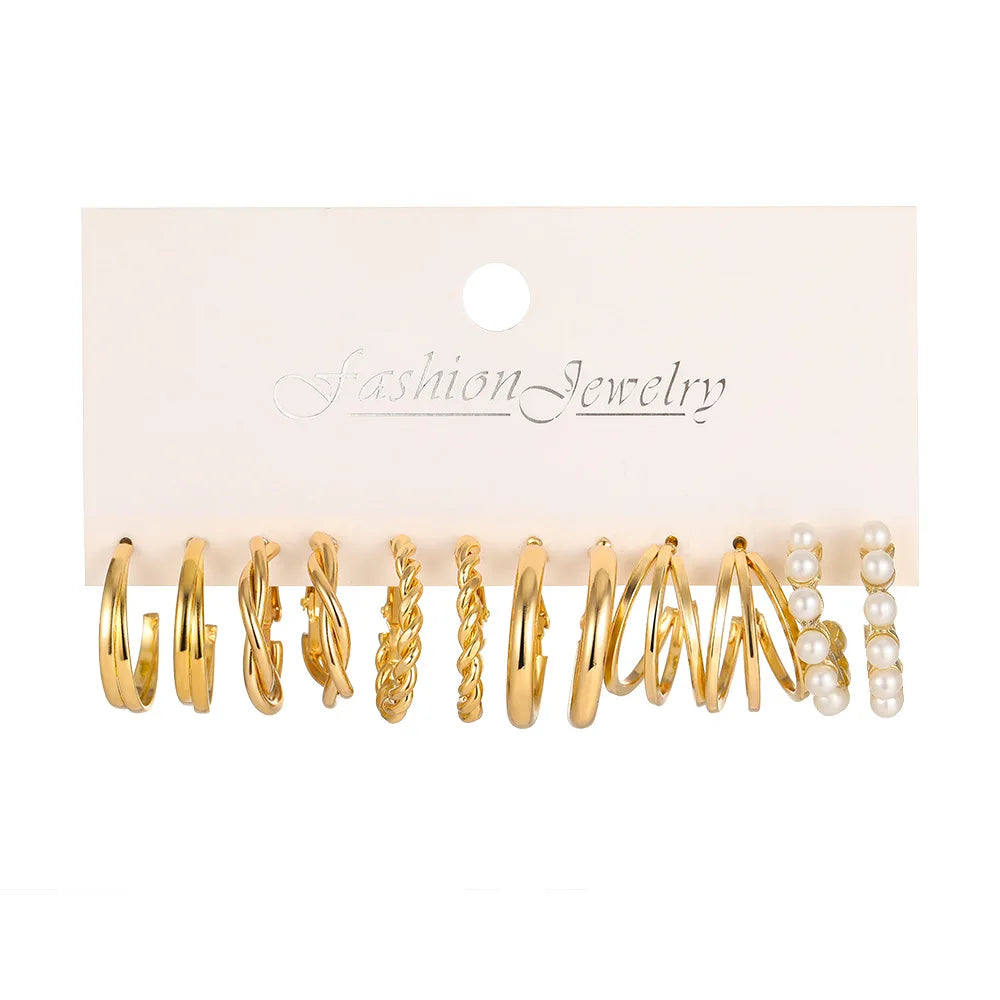 LATS Grand ensemble de boucles d'oreilles créoles bohèmes pour femmes, couleur or, style bohème, vintage, perle, boucles d'oreilles carrées, clous d'oreilles cœur en zircon, bijoux