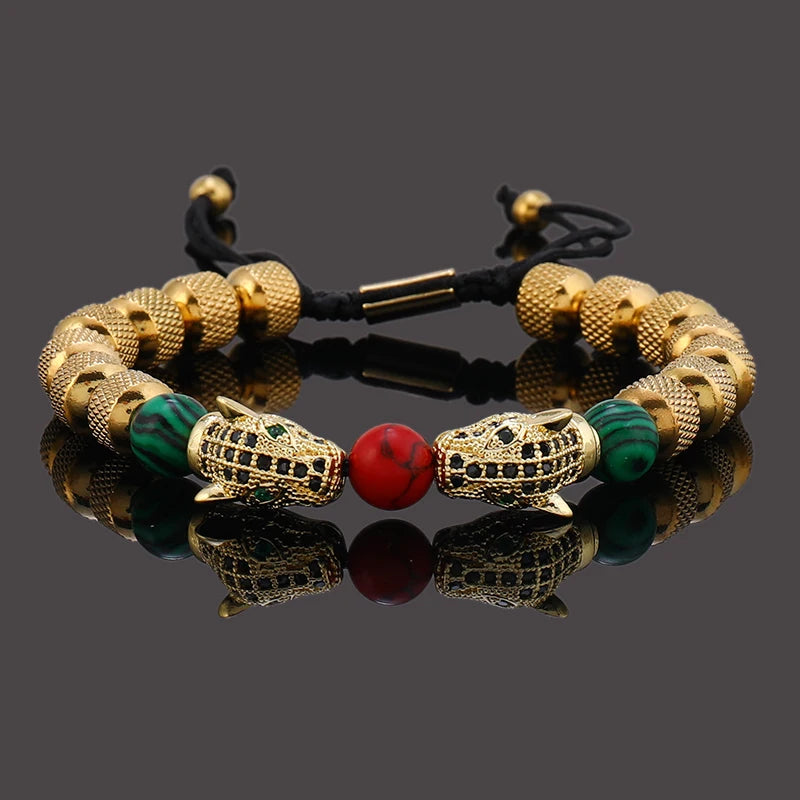 Bracelet Homme Perles en Acier Inoxydable Luxe Têtes de Léopard Royales Breloques Bijoux Cadeau Garçon