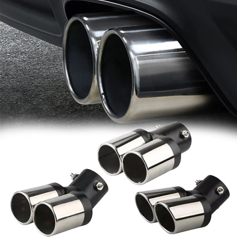 1PC 2,5" Entrée Décoration Chrome Tuyau d'échappement Style de voiture Garniture d'échappement de voiture Silencieux Tuyau d'échappement en acier inoxydable Double sortie courbée