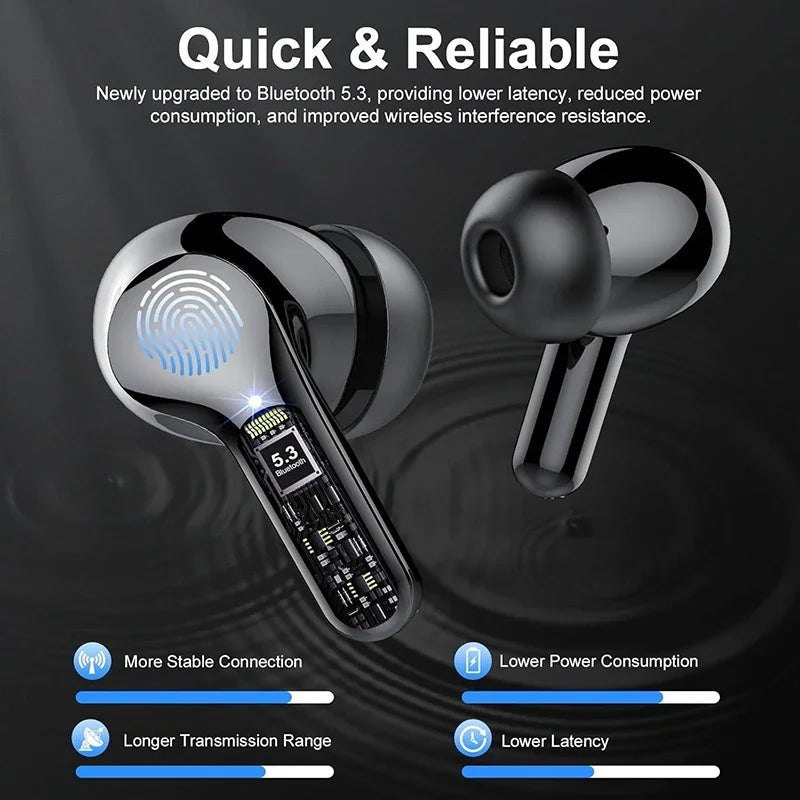 Nouveaux écouteurs sans fil Stéréo HiFi BT5.3 avec réduction de bruit ENC 48H, affichage LED, oreillettes étanches IP7