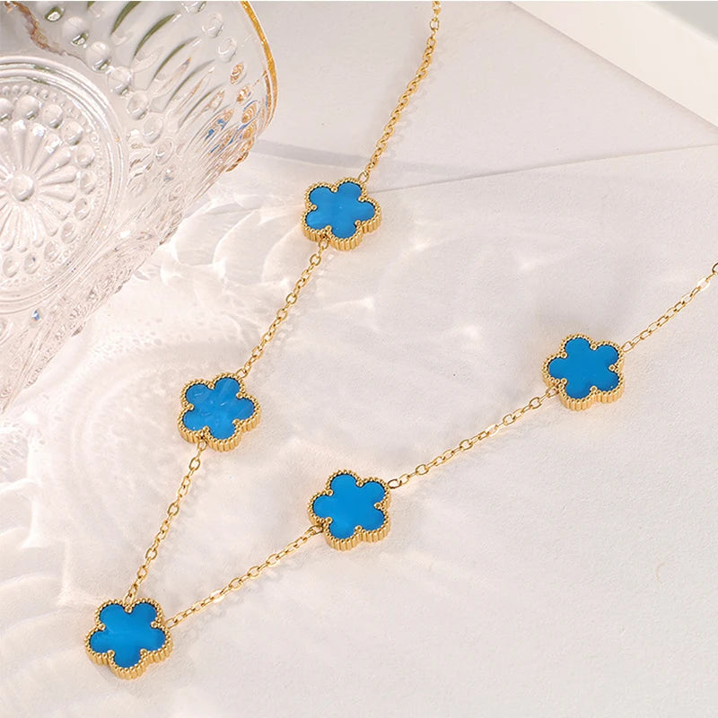 Collier en Acier Inoxydable Plaqué Or 14 Carats pour Femme, Pendentif Double Face Cinq Pétales de Fleur, Bijou Trèfle