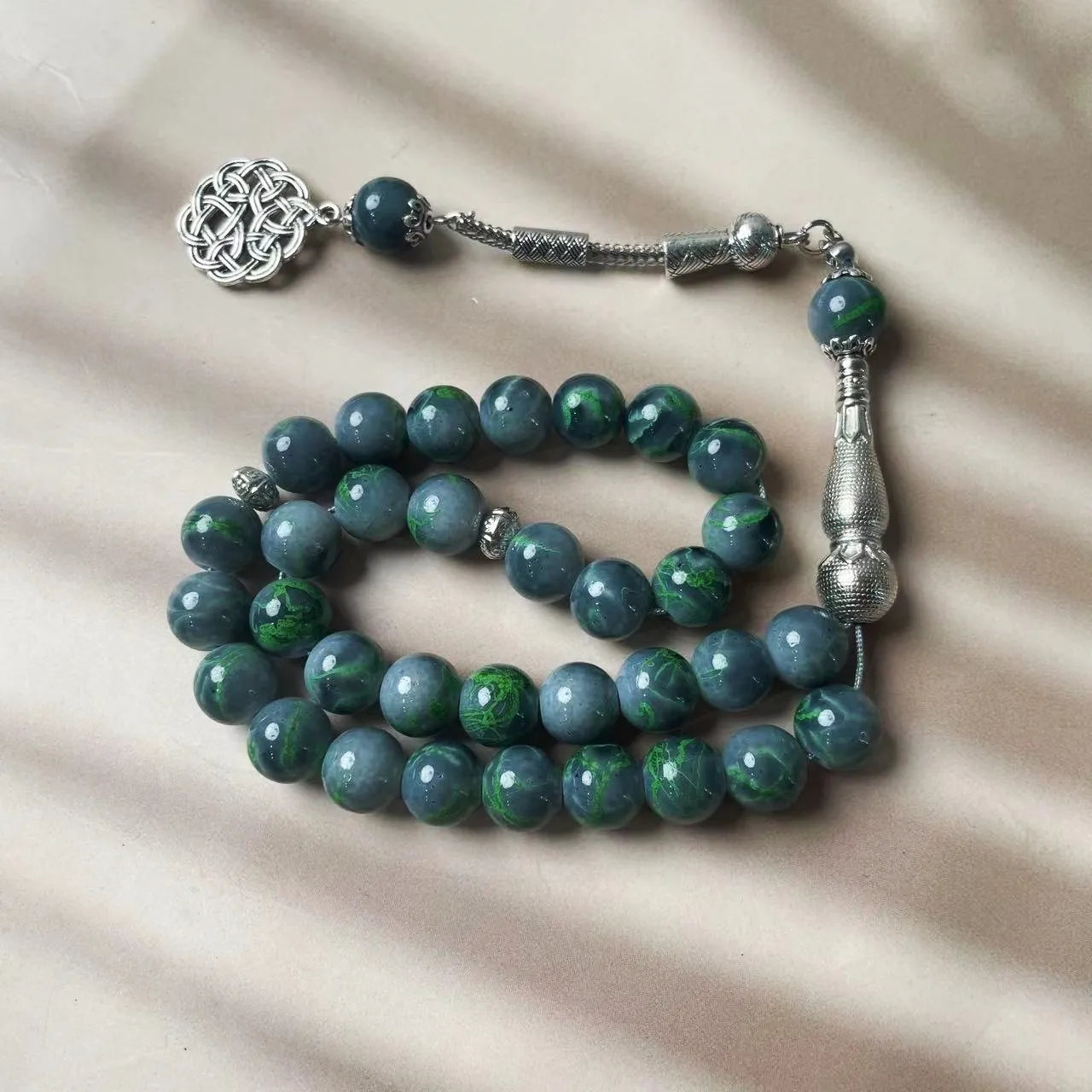 Green Veined Stone Islamic Prayer Beads Tesbih, Silver Celtic Knot Arabic Muslim Worship Rosary, Middle Eastern Jewelry Gift