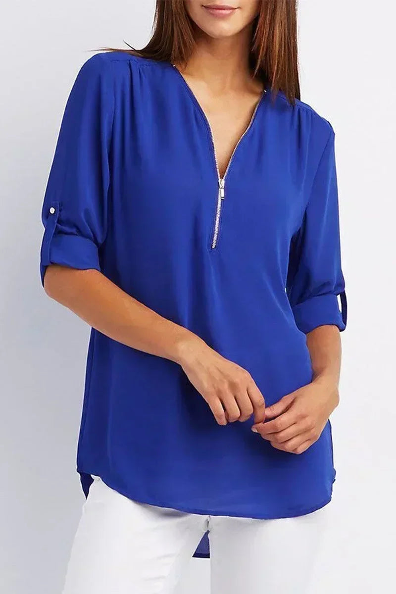 Chemise ample d'été pour femmes Col en V profond Blouse en mousseline Décontracté Tops pour femmes Sexy Fermeture éclair Pull Grande taille Manches longues Tendance