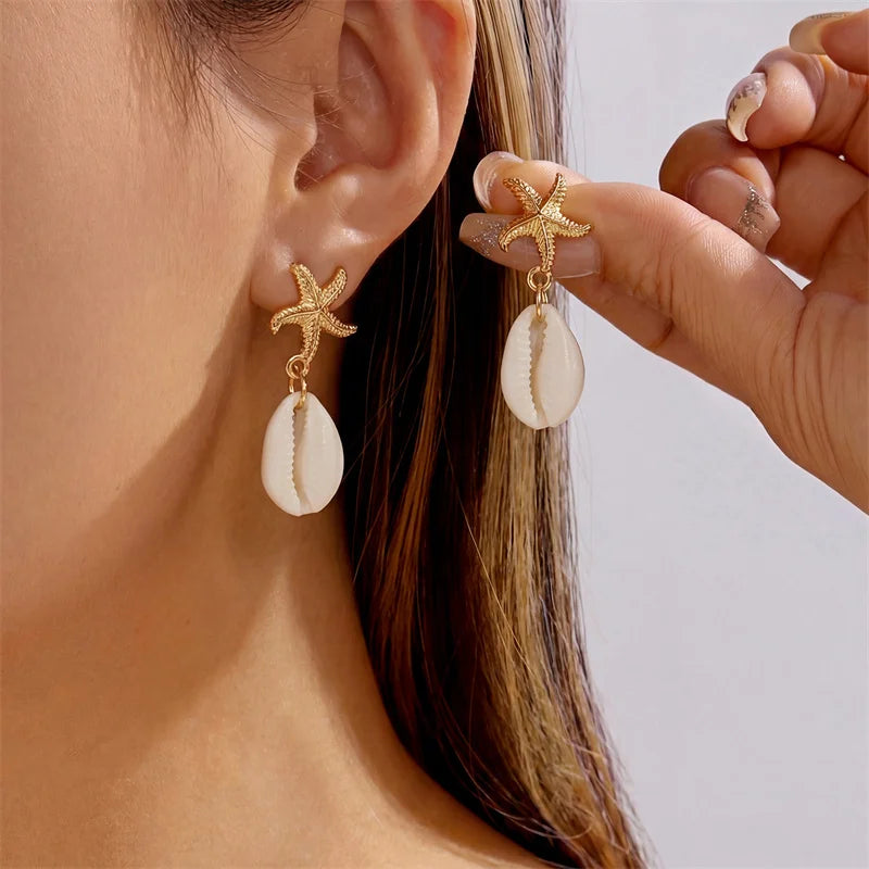 Boucles d'oreilles pendantes étoile de mer coquillage style Bohème Océan pour femmes, Conque de bord de mer, boucles d'oreilles perle, Bijoux de charme pour fête à la plage