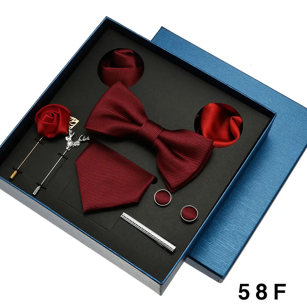 Cravate en soie pour hommes, nœud papillon, pochette, broches, boutons de manchette et pince à cravate pour hommes, accessoires de mariage rouge bordeaux, ensemble de cadeaux