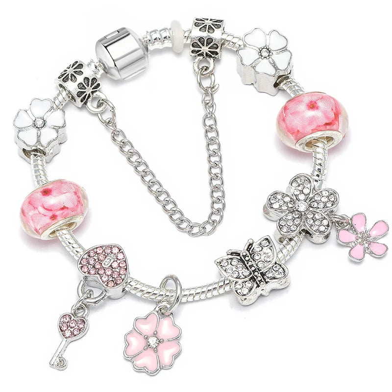 BAOPN Bracelets à breloques en perles cœur à cœur roses européennes pour femmes, bracelets et joncs de marque assortis, bijoux pour couple, livraison directe