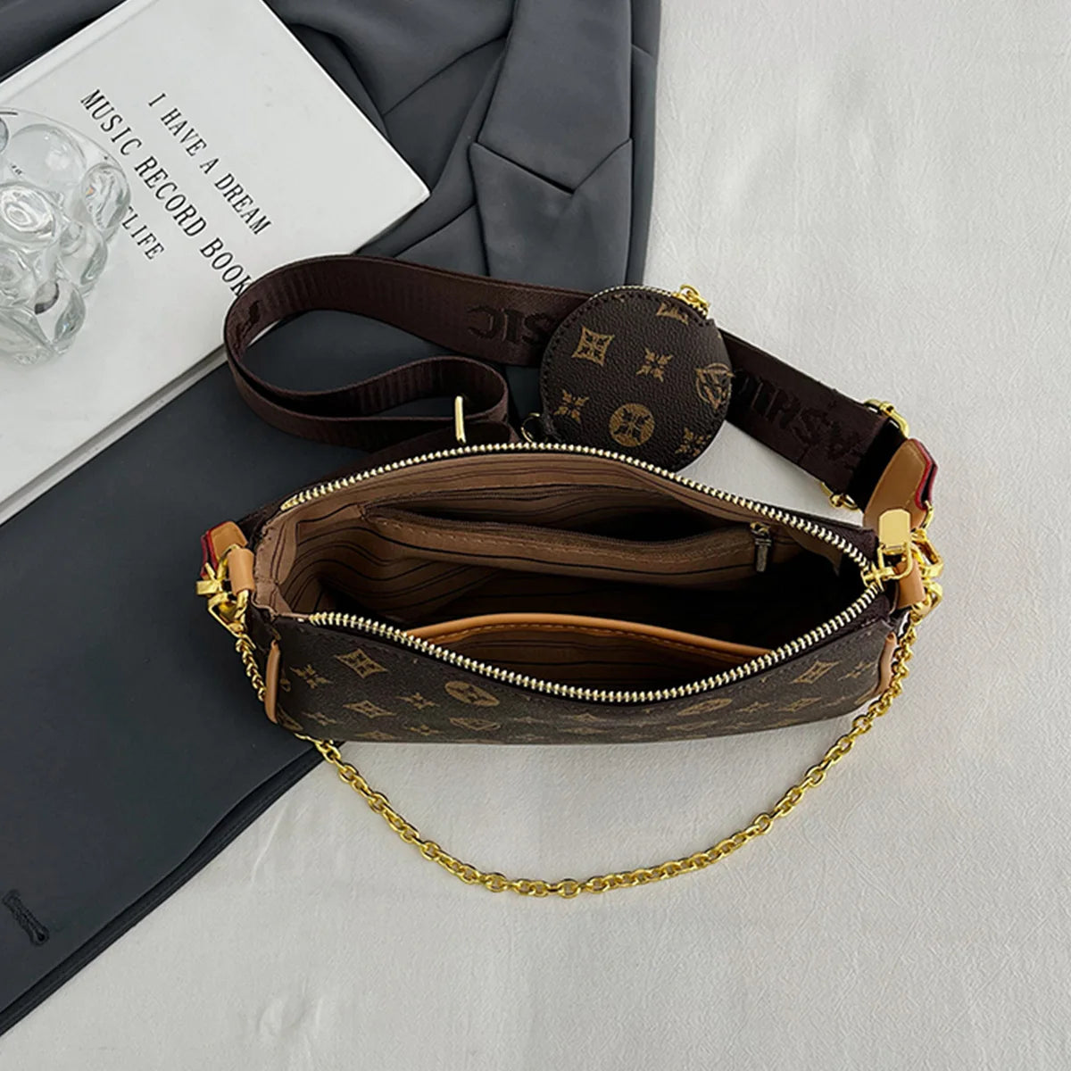 Sac à bandoulière pour femmes à motif floral et lettres, grande capacité, fermeture éclair, bandoulière réglable, petite pochette amovible, pour le quotidien