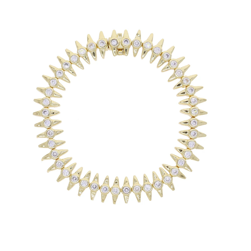 2025 New Fashion Women  Gold Color Bezel Sparking CZ Spiked Charm Tennis Chain Bracelet Rock Punk Cool Jewelry