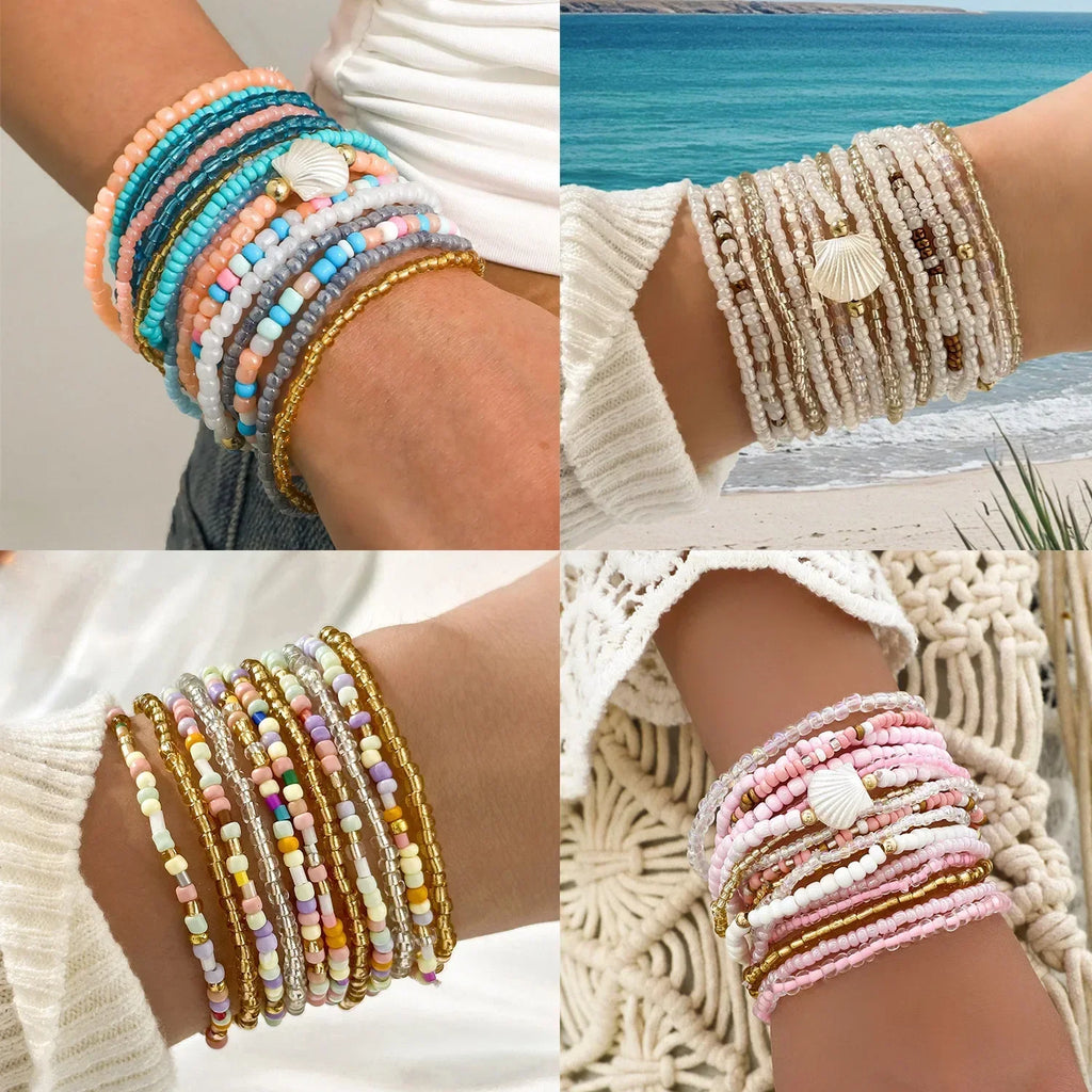 17/10 pièces/lot Bracelets élastiques à perles Perles de riz colorées Bohèmes Chaîne de bracelets Filles Été Plage Fête Vacances Bijoux